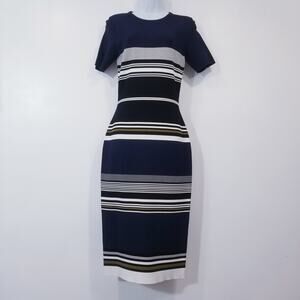 Diane Von Furstenberg Knit Striped Bodycon Midi Dress Crewneck Short Sleeves